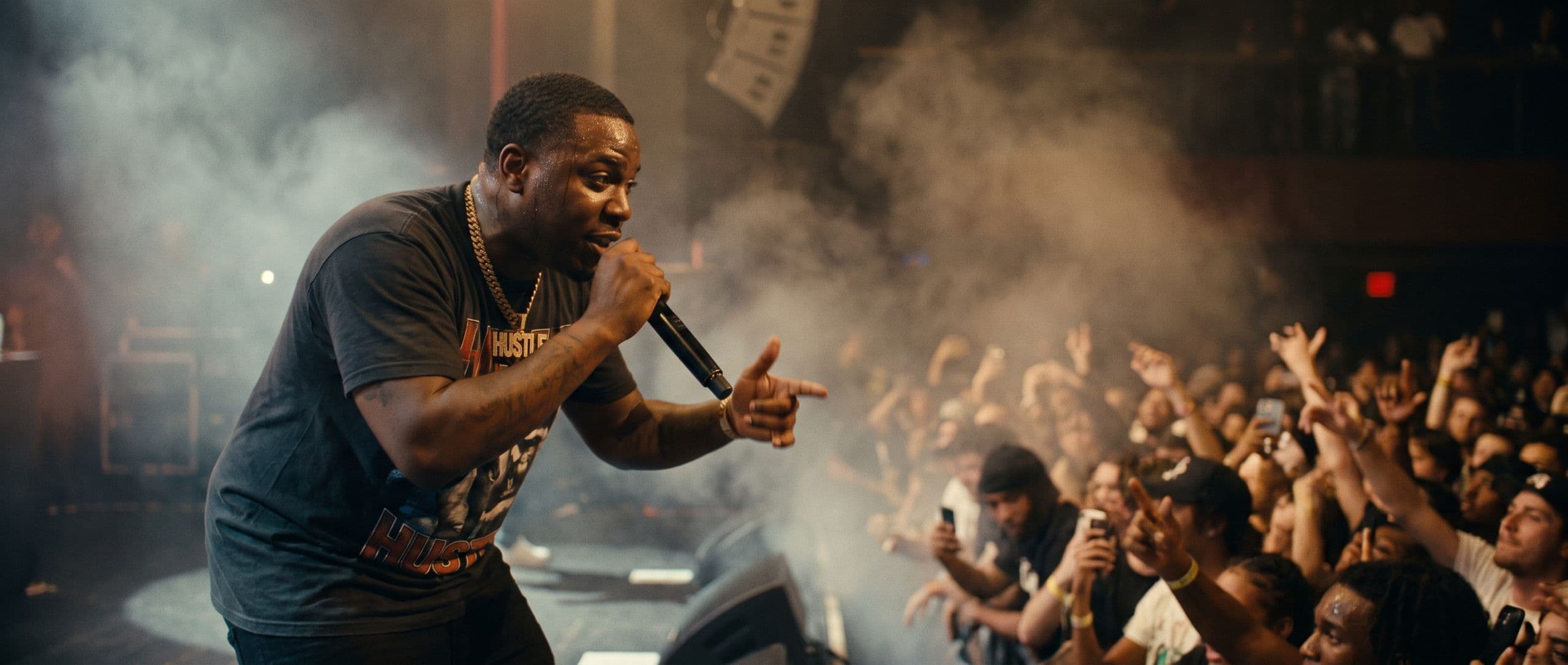 A hip-hop artist performing in golden backlight before a raised-hands crowd