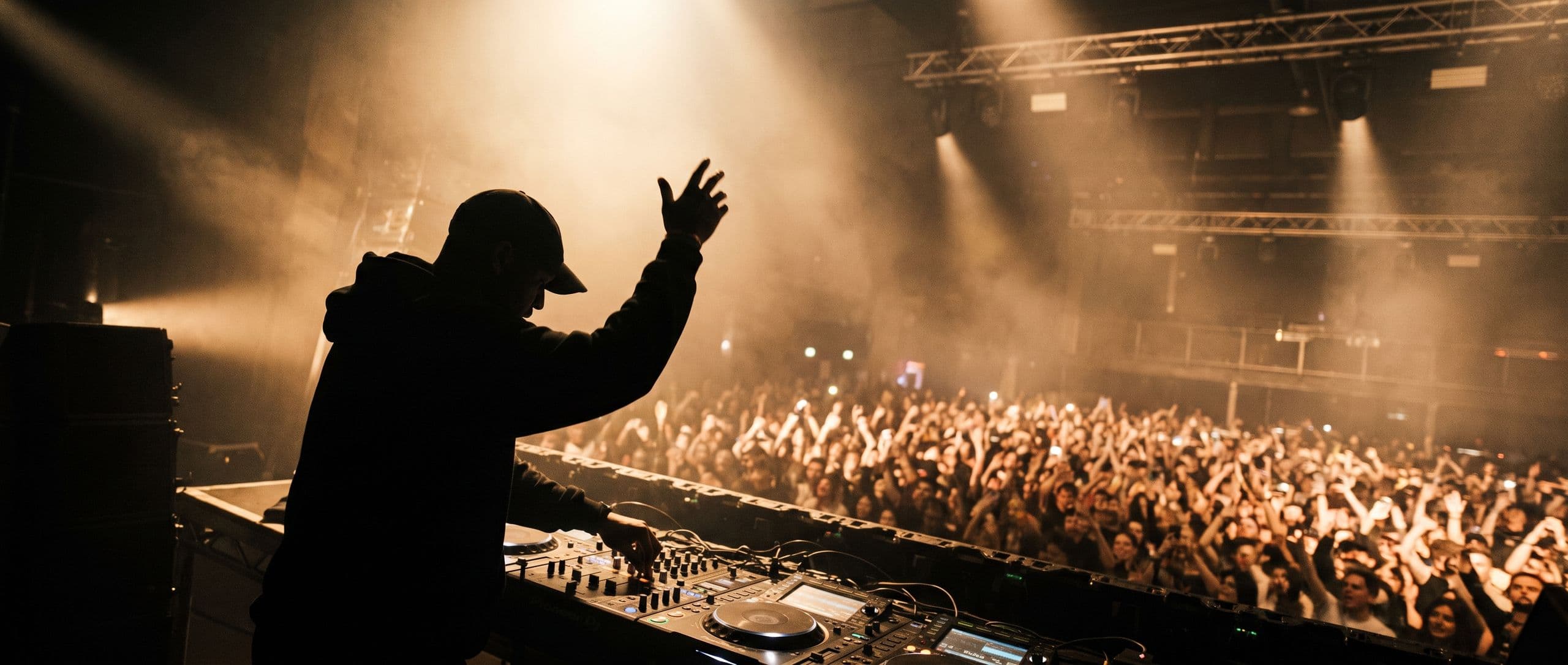 A DJ silhouetted in golden light above a packed crowd at a Crowne's Circle production