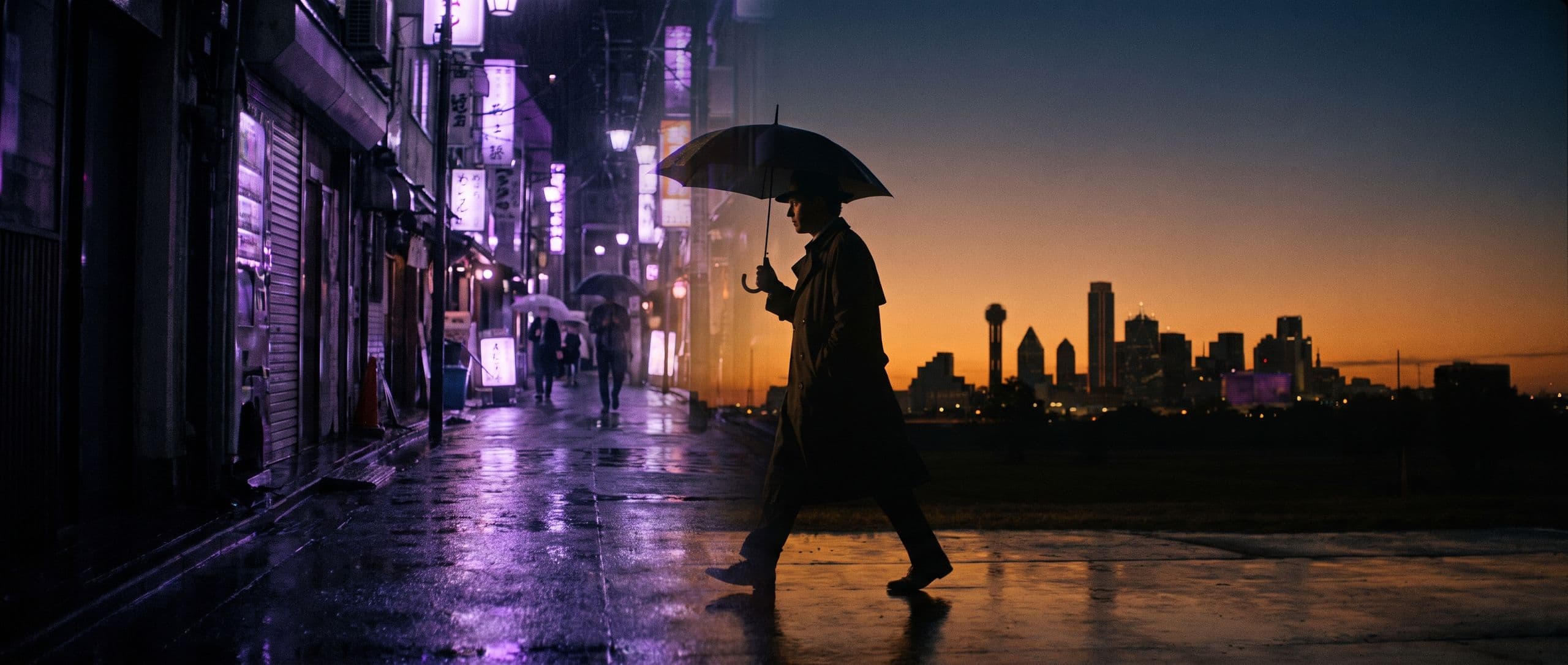 A neon-lit Tokyo street dissolving into a golden Texas skyline at dusk